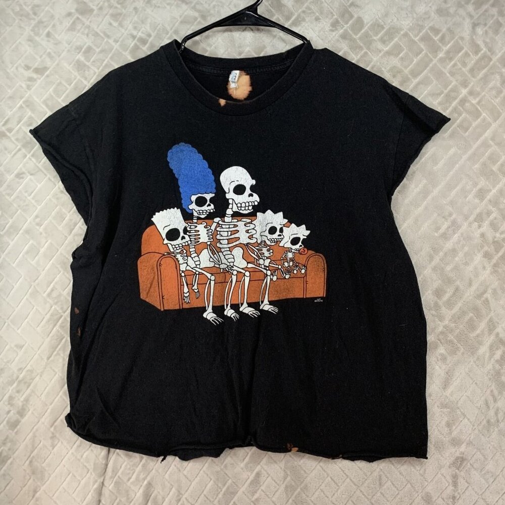 Womens XL T Shirt Black Simpsons Halloween Skeleton Cap Sleeve Bleached Grunge